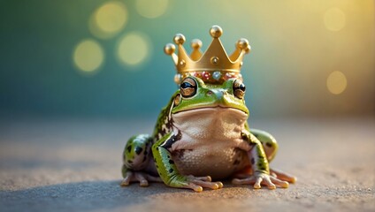The royal frog sits against a sunset backdrop, wearing a crown that symbolizes power and regality within a nature context