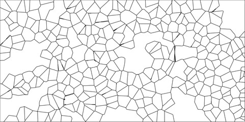 Abstract White Colored Broken Stained-Glass Geometric Retro Tiles Pattern w Black Lines & Quartz Crystal Voronoi Diagram Background for Website, Fabric Printing, Brochures, Luxury/Premium Packaging

