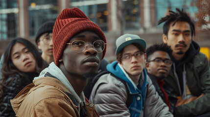 Photograph of diverse ethnicity group of young men and women walking on the street . Model photography.