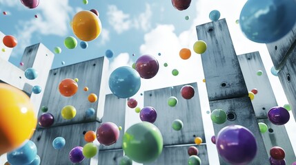 Colorful balls floating between tall concrete pillars under a blue sky
