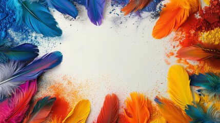 Feathers covered with Holi colors at the top and bottom. Clear space in the middle for text.