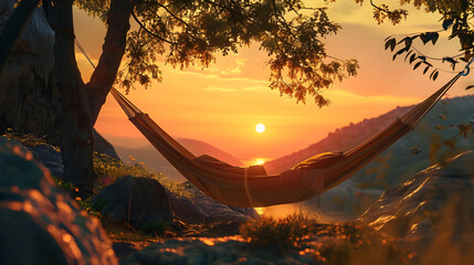 Resting in hammock post-sunset hike, realistic scene - Ai Generated