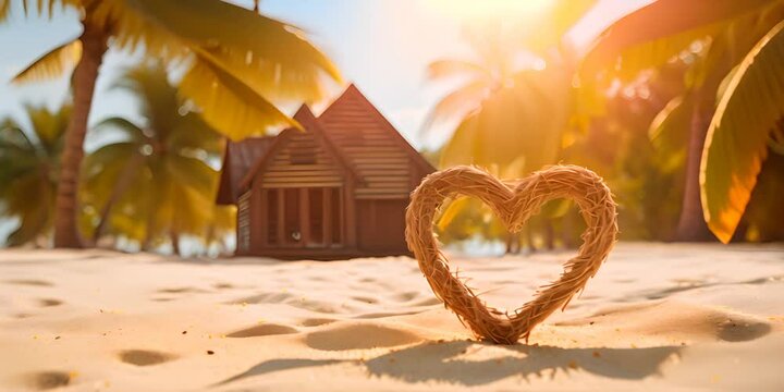 Heart painted on the beach sand under the shade of palm leaves with decorative wooden house. The concept of buying or renting real estate in exotic countries. 4K Video