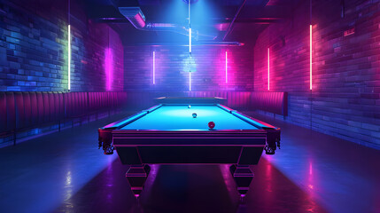 Neon-lit billiard table shines bright - Ai generated