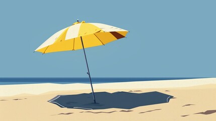 A colorful beach umbrella offers shade under a bright summer sky on a sandy beach with relaxing chairs
