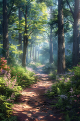 Nature Trail, A tranquil pathway meanders through a lush, sunlit forest.