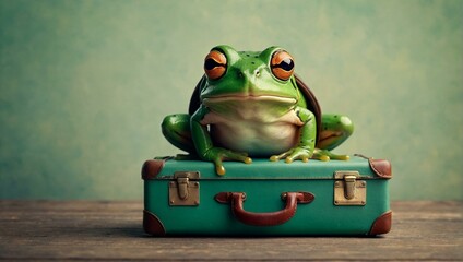 A whimsical image of a green frog sitting atop an old-fashioned green suitcase, giving off a vibe of adventure and travel readiness