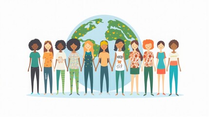  a group of women from different cultures, ages, and professions standing together. They are all holding hands, symbolizing unity and strength, a globe, representing the Women day