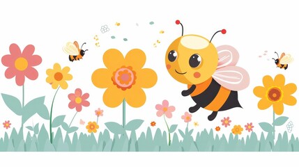 Cute Cartoon Bee Buzzing Around Colorful Summer Flowers in Lush Meadow Landscape