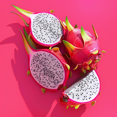 Fresh dragon fruit on a bright pink background