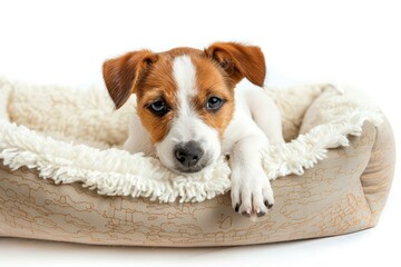 Small dog in bed on white background looking at camera