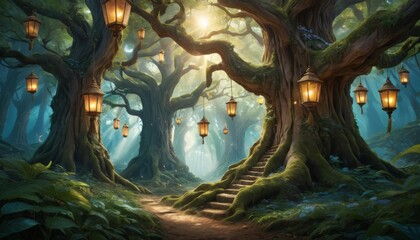 An ethereal forest path winds beneath ancient, towering trees adorned with hanging lanterns, casting a warm, inviting glow.. AI Generation