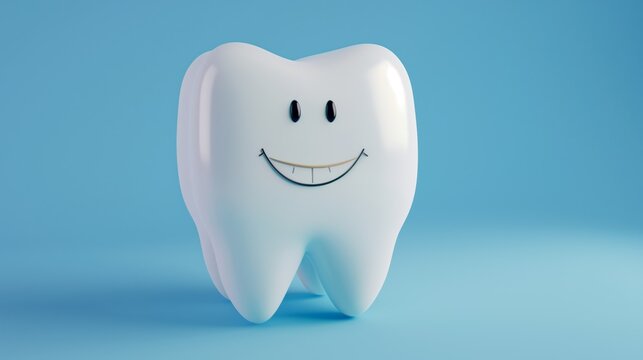 A stylized image of a white tooth with a happy face against a blue background.