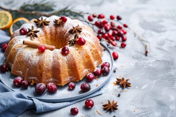 Fototapeta premium Spicy orange cake with cranberry anise cinnamon and zest on blue napkin Grey concrete background Copy space