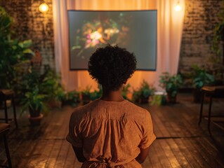A woman is sitting in front of a large screen, watching a movie. The room is dimly lit, and there are several potted plants in the background. The woman is enjoying the movie