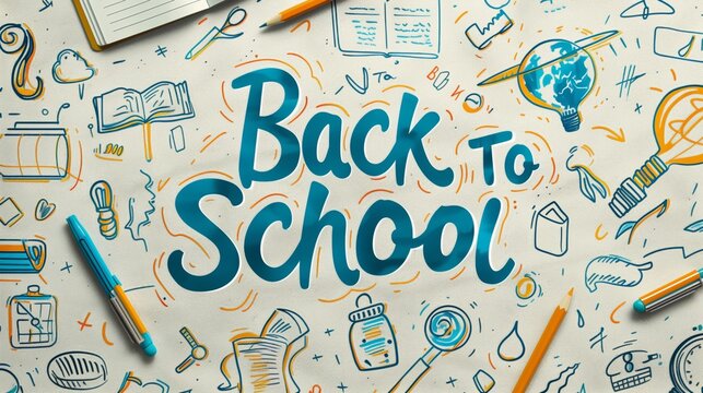 Colorful back to school themed illustration with educational doodles.