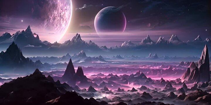 Landscape of an alien planet in purple color. 4K Video