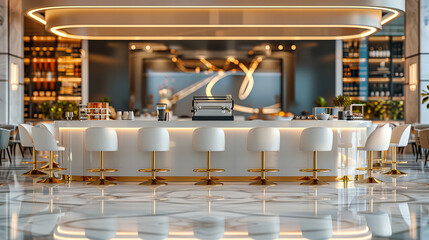 Fototapeta na wymiar Modern Restaurant Interior with Stylish Furniture and Elegant Decor, Cozy Dining Space for Socializing and Enjoyment
