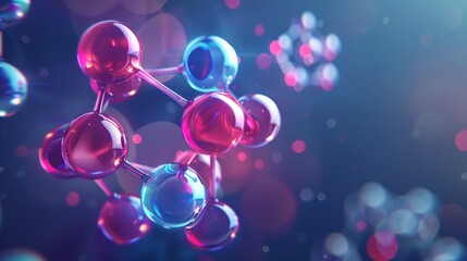 Stylized colorful molecular structure with a glossy transparent look on a blue background - obrazy, fototapety, plakaty