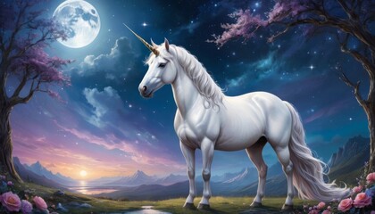 An enchanting unicorn stands serene under a starry night sky, with the glowing moon and twilight horizon setting a peaceful fantasy scene.. AI Generation