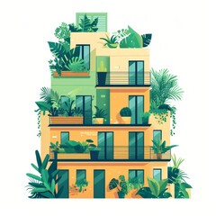 Illustration of hotel for indoor plants. Building, hotel with greenery, urban jungle, home indoor outdoor plants, greening of space, a building with balconies on white background in flat style. - 779709946