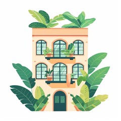 Illustration of hotel for indoor plants. Building, hotel with greenery, urban jungle, home indoor outdoor plants, greening of space, a building with balconies on white background in flat style.