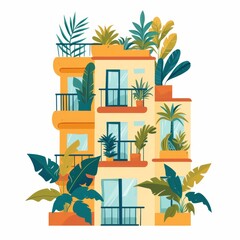 Illustration of hotel for indoor plants. Building, hotel with greenery, urban jungle, home indoor outdoor plants, greening of space, a building with balconies on white background in flat style. - 779709950