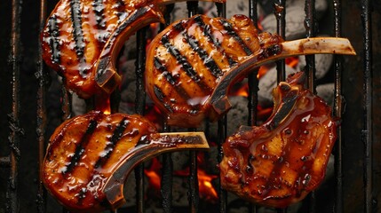 Juicy pork chops with grill marks being barbecued over glowing coals - obrazy, fototapety, plakaty
