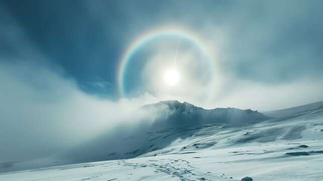 Snowy mountain peak with a sun halo and vast snow-covered landscape.