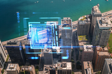Aerial view of a city with a holographic overlay on buildings, with blue tones, against a waterfront background. Technology and urban concept. Double exposure