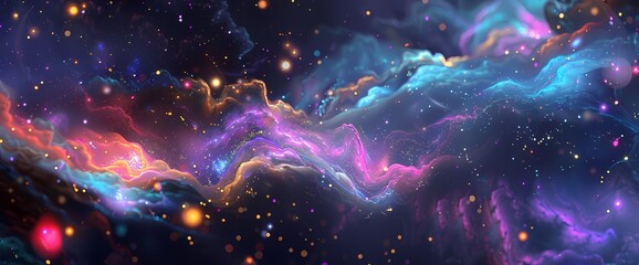 Like celestial fireflies, neon particles dance and twinkle, illuminating the liquid expanse of the cosmos with their enchanting radiance.