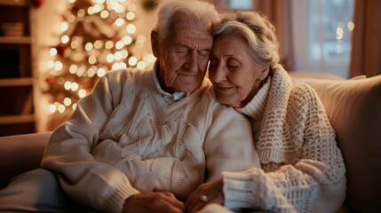 portrait of an elderly couple celebrating White Day at home. They wear matching white sweaters and hold hands lovingly, their eyes filled with tenderness and the memories of years spent together