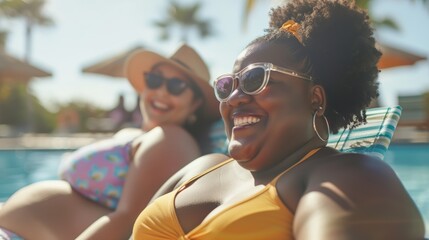 Two women smiling and relaxing by the pool on a sunny day
