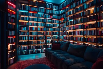 A large library with tall bookshelves filled with books, lit by neon lights.