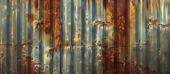A close up of a weathered corrugated metal wall with a rusty brown pattern resembling wood grain. It looks like a painting with a unique texture
