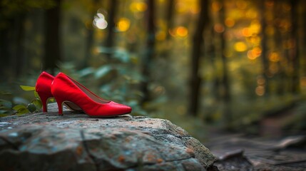 red stilletto shoes sitting on a rock - obrazy, fototapety, plakaty