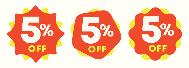 5% off. Special offer sticker, label, tag. Value discount poster, price. Shapes in yellow and red. Marketing for promotion, discount, sales, store, retail