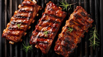 Juicy barbecued ribs with sauce on a grill, garnished with rosemary - obrazy, fototapety, plakaty
