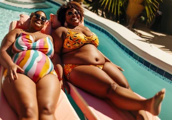 Fotobehang Two women in colorful swimsuits relaxing on pool floats in sunny ambiance © Natalia