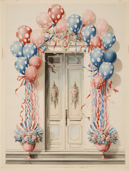  Vintage Entrance Decorated with Polka Dot Balloons and Floral Arrangements for a Festive Occasion