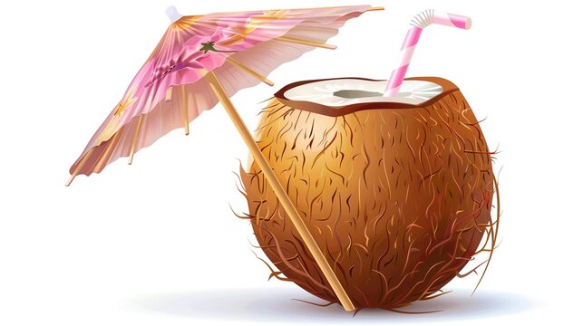 Tropical coconut drink with a straw in a glass, isolated on white background (matches coconut cocktail isolated on white, coconut cocktail, coconut cocktail with straw and avoids irrelevant words like