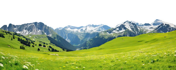 Serene alpine meadow with sprawling green grass and majestic snow-capped mountains in the distance, cut out