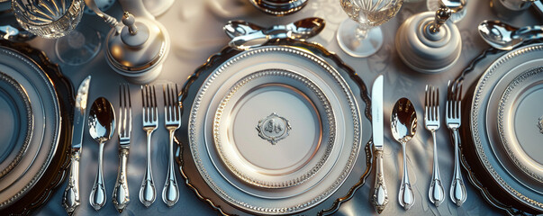 Elegant French silverware, classic and refined, reminiscent of grand chateaus Displayed on a lavish dining table in a luxurious Parisian restaurant - obrazy, fototapety, plakaty