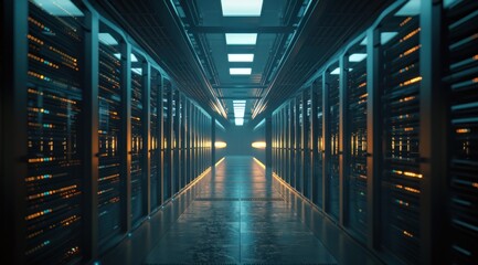 Salle de serveurs informatique, centre de données, data center dans un style d'imagerie futuriste lumineux, image avec espace pour texte.	