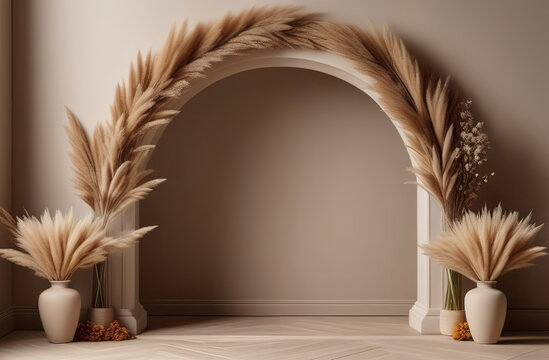 empty room with built in arch, dried flowers, nice window, sun rays going through the window, perfect for photo backdrop