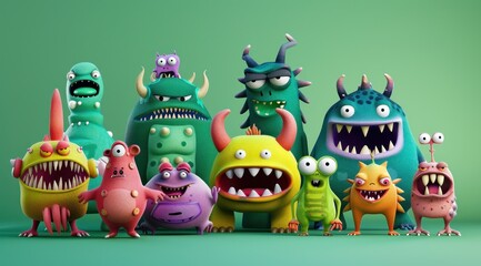 Fototapeta premium Un groupe de monstres mignons sur fond coloré.