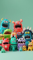 Naklejka premium Un groupe de monstres mignons sur fond coloré, image avec espace pour texte.