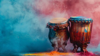 Traditional Indian drums with Holi colors at the bottom. Clear, smoke-filled space at the top for text.