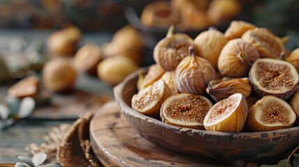 Food Photography, Dried figs artfully displayed on a wooden surface.