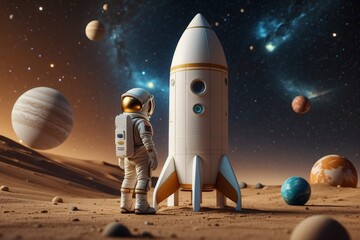 Mini astronaute sur planète lunaire, dessin animé, 3D - obrazy, fototapety, plakaty